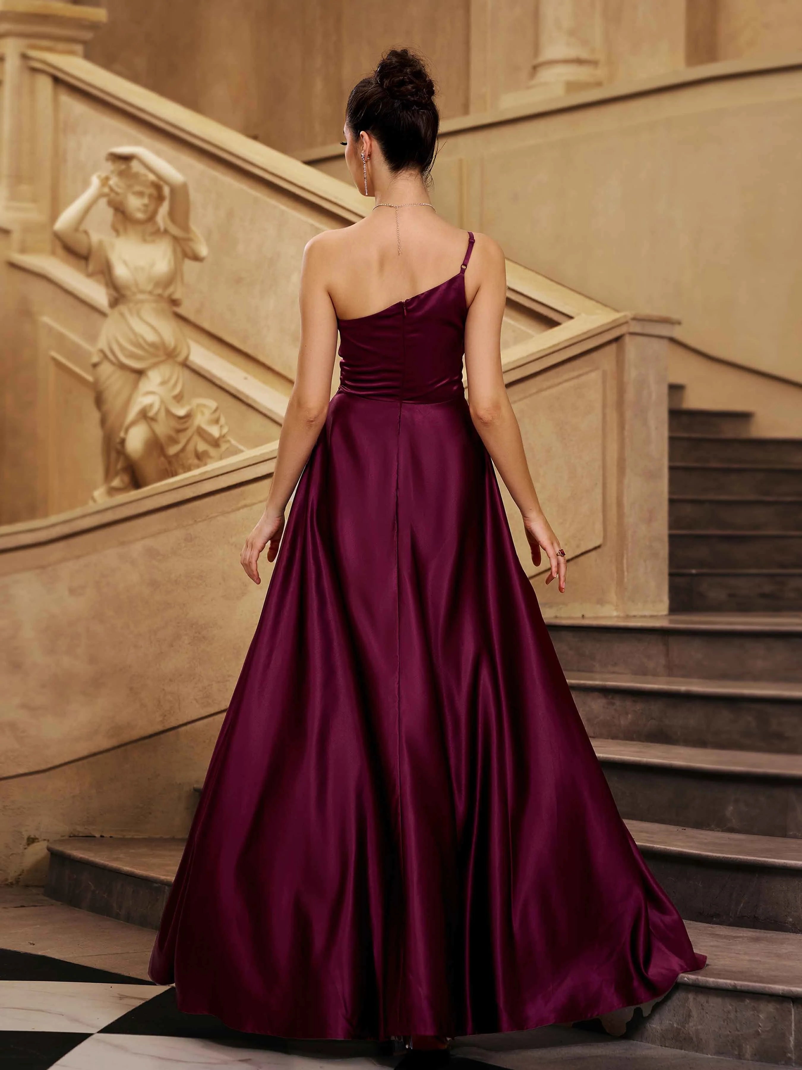 Classic A-line One Shoulder Sleeveless Back Zip Floor-Length Prom Dress